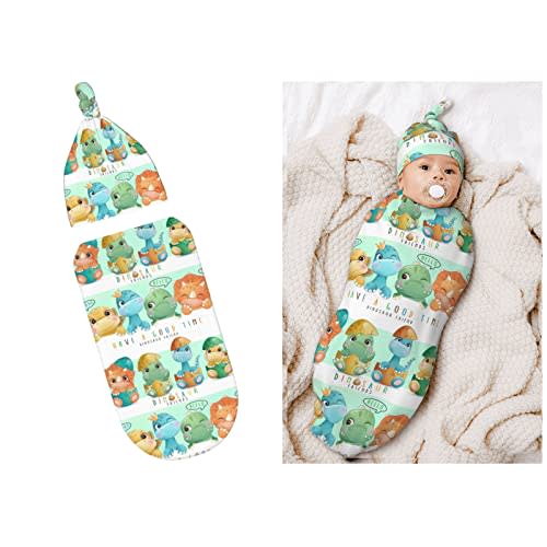 Cartoon Dinosaur Friends Baby Stuff Newborn Swaddle and Hat Set Stretchy Soft Cute Dino Baby Receiving Blanket Gifts for Infant Baby Boy Girl