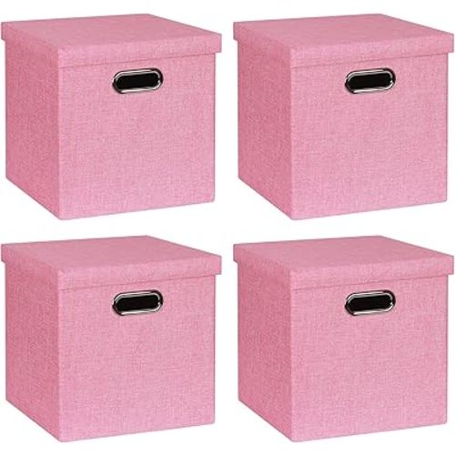 Storage Bins with Lids, Collapsible Linen Fabric Boxes Organizer Containers with Lid Foldable Storage Box Basket for Closet, Shelves, Home, Office, 11 x 11 x 11.4 Inch, 4 Pack, Pink