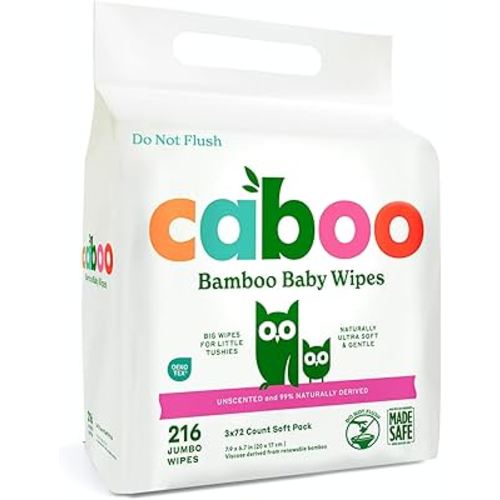 Caboo Baby Wipes, Made with Bamboo Viscose, Certified Made Safe Ingredients, Unscented Baby Wipes Good for Sensitive Skin, 72 Wipes Per Travel Pack, Total of 216 Wet Wipes