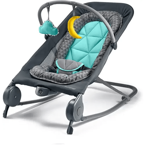 Summer 2-in-1 Bouncer & Rocker Duo (Gray and Teal) Convenient and Portable Rocker and Bouncer for Babies Includes Soft Toys and Soothing Vibrations