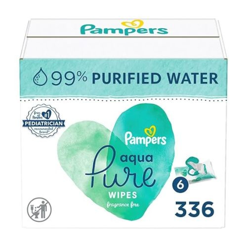 Pampers Aqua Pure Sensitive Baby Wipes, 99% Water, Hypoallergenic, Unscented, 6 Flip-Top Packs (336 Wipes Total) - 56 Count (Pack of 6)