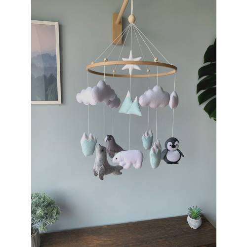 Arctic Baby Mobile - baby nursery decor- White Mobile - woodland mobile - Polar Bear - Penguin - Seal - snow