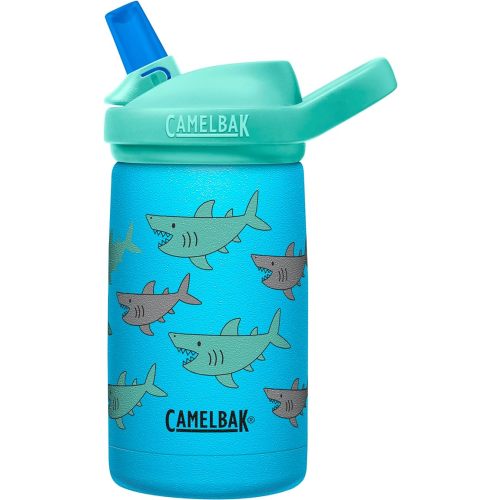 CamelBak Eddy+ Kids Bite Valve Straw Insulated Stainless Steel Water Bottle School of Sharks, 12oz