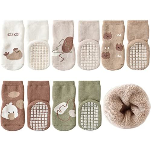 Exegawe Baby Non Slip Socks Winter 5 Pairs Kid Thick Warm Crew Socks with Grips