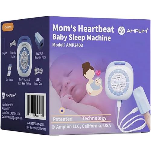 Amplim Record Mom's Heartbeat Newborn Baby Soother. White Noice Sound Machine for Kids, Adults + 19 Soothing Sound. Portable, Rechargeable, USB, Timer. Sleep Therapy for Home, Travel, Registry Gift