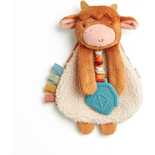 Itzy Ritzy - Itzy Lovey Including Teether - Baby Lovey with Teether, Textured Ribbons & Dangle Arms - Features Crinkle Sound, Sherpa Fabric and Minky Plush (Highland Cow)
