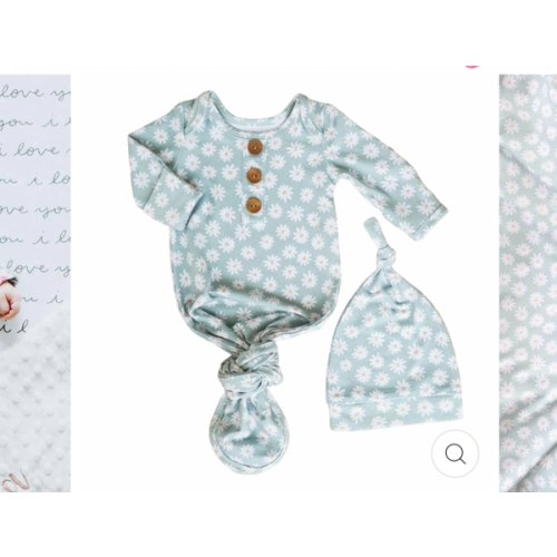 Soft Green Daisy Newborn Baby Knot Gown & Hat