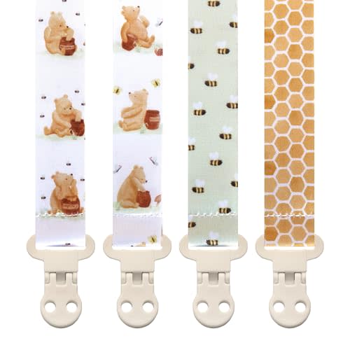 Stadela Baby Pacifier Clip Holder - Boy and Girl Unisex 4 Pack Gift Set – Vintage Classic Neutral Honey Winnie Bear and Bees Beige Yellow and Green