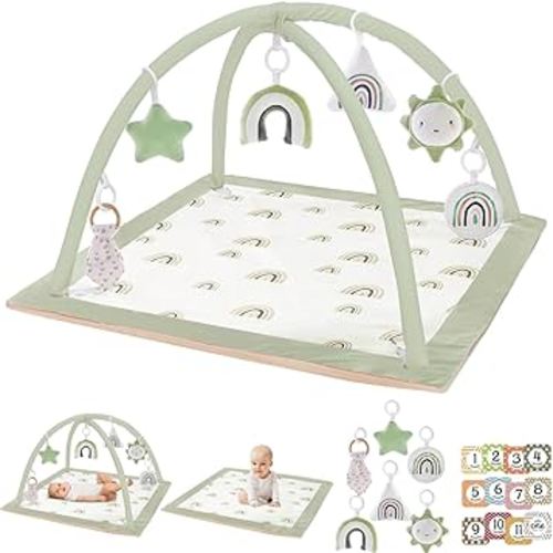 Washable Tummy Time Mat, Baby Play Gym with 6 Featured Toys, Baby Gym for Infant & Toddler, Larger Baby Play Mat, Deluxe Baby Play Mats for Floor, Sensory and Motor Skill Development, Non Slip, Green