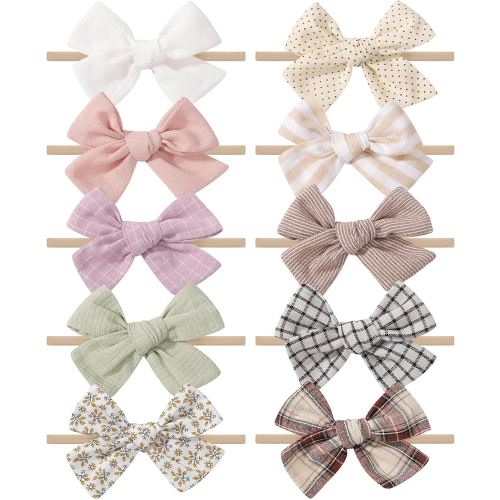 doboi 10PCS Baby Girls Headbands Hair Bows Nylon Cotton Linen Hairbands Fine Handmade Hair Accessories for Newborn Infant Toddlers Little Girls-Solid Plaid Stripe and Flowers
