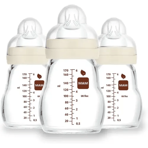 MAM Premium Glass Baby Bottles, Easy Switch Between Breast and Bottle, Feel Good Slow Flow, Newborn Essentials Must Have, 0+ Months, BPA Free, 6oz, Unisex, 3 Pack