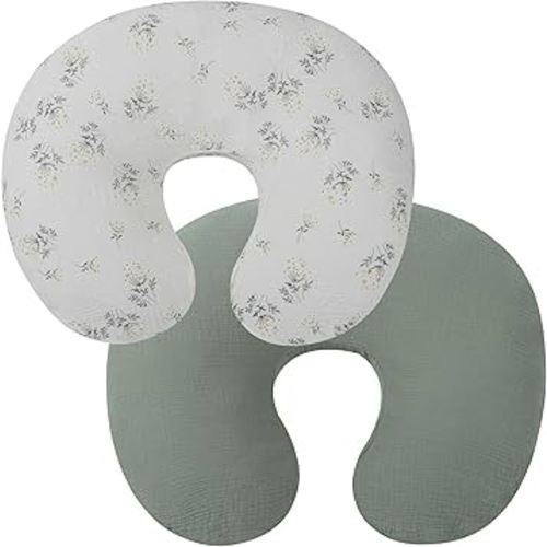 Onacosht Muslin Nursing Pillow Cover 2 Pack 100% Cotton Ultra Soft Breastfeeding Pillow Covers for Baby Boy and Girl, Green and Botanical