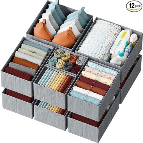 Drawer Organizer Clothes Set of 12 Grey - Dresser Organizer For Nursery, Bedroom, Closet - The Perfect Baby Clothes Organizer and Storage & General Nursery Organization or Dresser Drawer Organizers