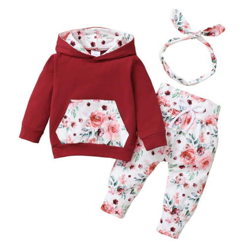 OLLUISNEO Newborn Baby Girls Pants Outfits 6 Months Winter Clothes 9 Months Casual Floral Print Hooded Neck Long Sleeve Top Pants Headband 3 PCS Set Burgundy