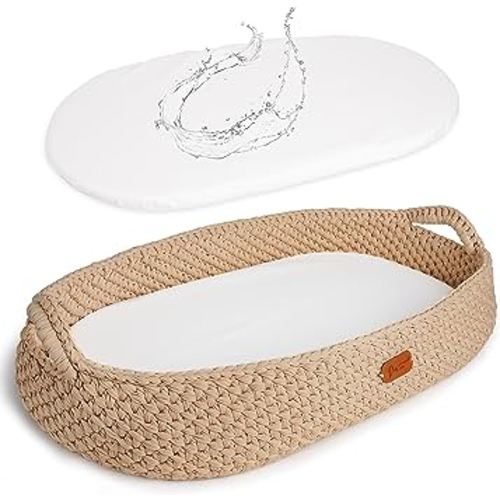 Handmade Baby Changing Basket with a Soft Changing Pad and Waterproof Cover, Cotton Moses Basket, Changing Table Topper for Dresser | Boho Bassinet, Handmade Crochet Basket,Baby Lounger