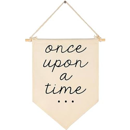 Once Upon a Time-Decor Gift for Nursery Bedroom Playroom Front Door Bookshel Bookcase Reading Corner-Birthday Christmas Gift-Canvas Hanging Flag Banner Wall Sign Decor Gift for Baby Kids Girl Boy Teen