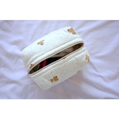 Quilted makeup bag in teddy bear print with beige lining | Aesthetic Toiletry travel cosmetic bags | Handmade in the UK