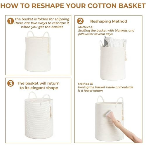 Goodpick White Laundry Basket with Handles, Tall Woven Laundry Hamper for Clothes, Towels, Pillows, Toys, Decorative Blanket Basket for Living Room, Bedroom, Playroom, 16 x 20 inches