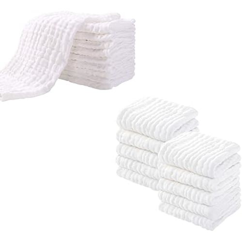 Yoofoss 10 Pack Muslin Burp Cloths for Baby 20''X10'' White & 10 Pack Muslin Baby Washcloths 12x12in (White)