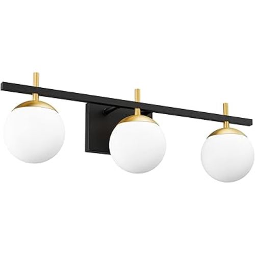 Ralbay Mid Century Modern Bathroom Vanity Lights 3-Light Milky Glass Modern Bathroom Vanity Lights Over Mirror, Black/Golden Wall Light Fixture for Bathroom (Exclude Bulb)