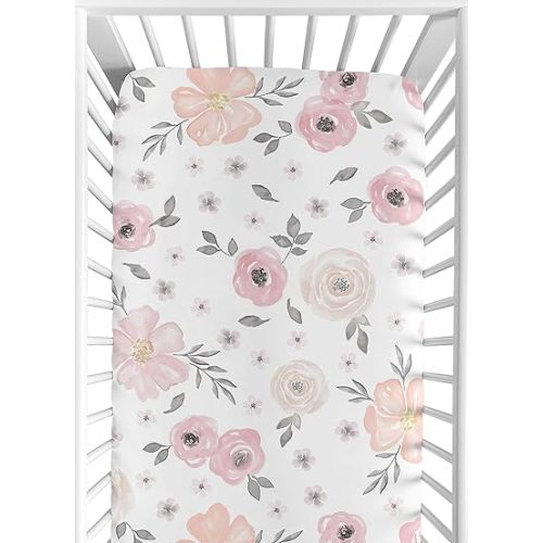 Sweet Jojo Designs Fitted Baby Crib Sheets (Boho Pink Floral) for Girls, Infant Nursery, Toddler Bedroom - Fitted, Standard Size (Rose Flower, Blush Pink, Bohemian, Farmhouse, Wildflower, Nature)