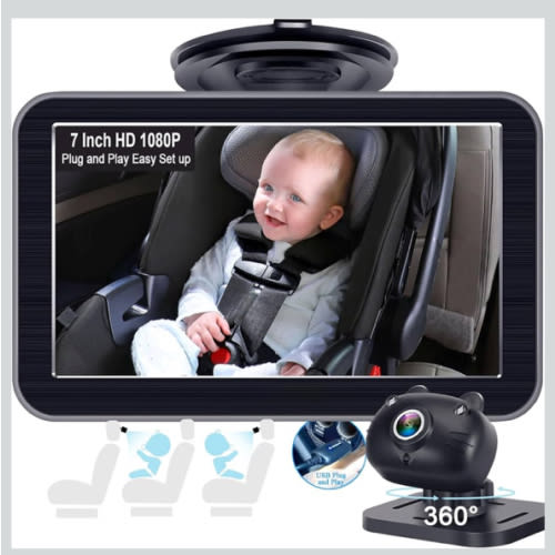 DoHonest Baby Car Camera 7-Inch: USB Plug and Play Easy Setup 360 Degree Rotating Backseat Camera Two Kids HD 1080P Rear Facing Car Seat Cameras Clear Night Vision -V9