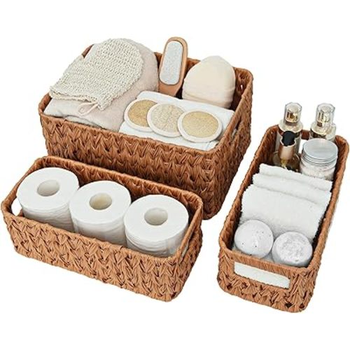 GRANNY SAYS Wicker Baskets for Organizing, Waterproof Storage Baskets for Shelves, 1 Large and 2 Small Wicker Baskets, Caramel Orange, 3-Pack
