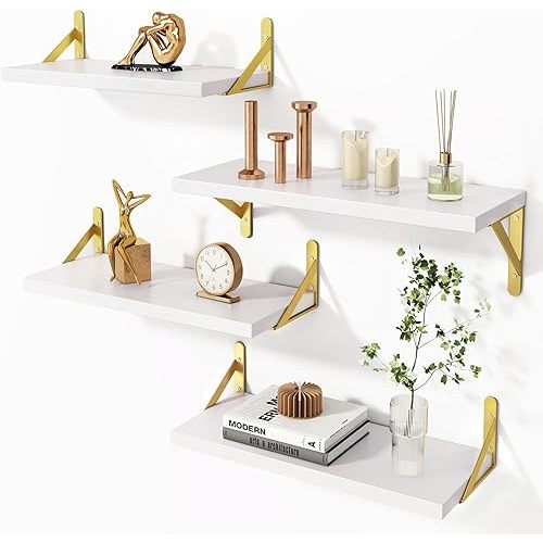 YGEOMER Floating Shelves for Wall, Different Sizes White Wall Shelves for Living Room, Bathroom, Bedroom, Kitchen, Home Decor (Set of 4)
