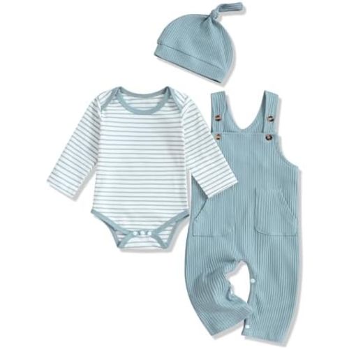 oklady Baby Boy Clothes Stripe Pattern Print Romper Top and Baby Overalls with Hat 0-18 Months Baby Boy Outfits