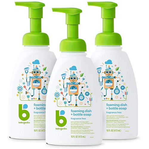 Babyganics Foaming Dish & Bottle Soap, Pump Bottle, Fragrance Free, Plant-Derived Cleaning Power, Removes Dried Milk, 16 Fl Oz, (Pack of 3), Packaging May Vary
