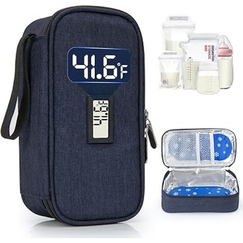 Breast Milk Cooler Travel Bag, Real-Time Temperature Display, Holds 4-6 Breastmilk Storage Bag with 2 Breast Milk Ice Pack, Cooling & Waterproof Portable Cooler for Moms on the Go (Navy Blue)