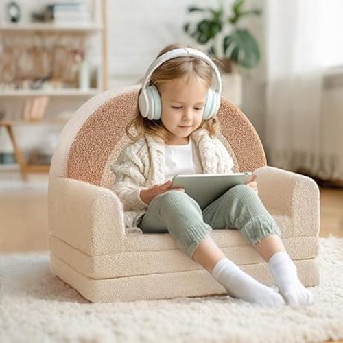 little dove 2-in-1 Kids Couch, Extra Wide Soft Toddler Couch Fold Out, Convertible Kids Sofa to Lounger, Comfy Toddler Chair, Kid Furniture for Playroom, Ideal Gifts for Boys & Girls, Beige