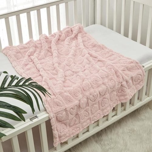 CREVENT 30"X40" Cozy Soft Warm Sherpa Baby Blanket for Girls Boys, Newborn Essentials for Infant, Baby Shower Receiving Gift - Pink Heart 75X100cm