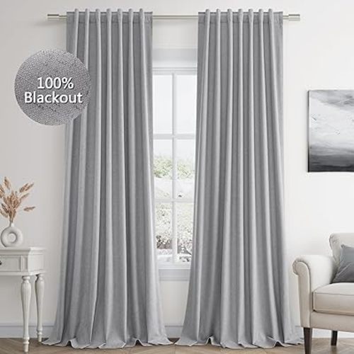 Light Grey Linen Blackout Curtains 84 Inch Length 2 Panels Set for Living Room Bedroom Back Tab Thermal Insulated 100% Black Out Linen Drapes Room Darkening Window Curtains 84 Inches Long
