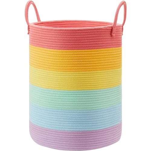 20 Inches Rainbow Baby Girls Kids Laundry Basket Hamper for Nursery Toddler Clothes Blanket Toy Storage Woven Rope Unicorn Hamper in Playroom Bedroom Large