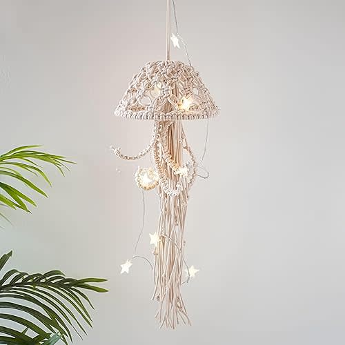 BYVUTE Jellyfish Wall Hanging, Art Decor Handmade Woven Boho Ornament Ocean Fish Wall Tapestry Macrame Hanger, for Office Bedroom Apartment Living Room Nursery Gallery (White)