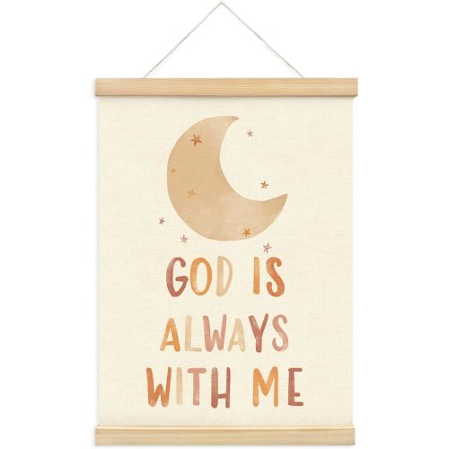 PLKMN Christian Nursery Wall Decor, God is Always with Me Wall Art with Wooden Poster Hanger, Boho Moon Christian Wall Decor for Nursery Kids Room Sunday School Preschool Classroom, 12x16 Inch