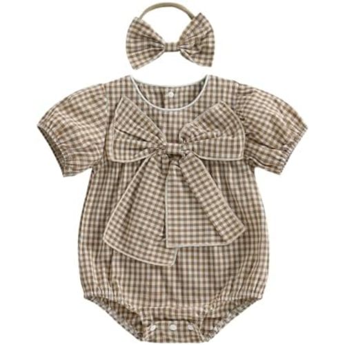 Newborn Baby Girl Summer Outfits Applique Plaid Romper T-shirt Short Sleeve Ruffle Bubble Bodysuit Infant Clothes