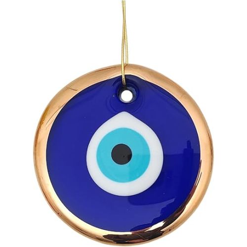 3.5" Glass Blue Evil Eye Wall Hanging Gold Ornament - Turkish Nazar Bead - Home Protection Charm - Gold Wall Decor Amulet in a Box (Medium)