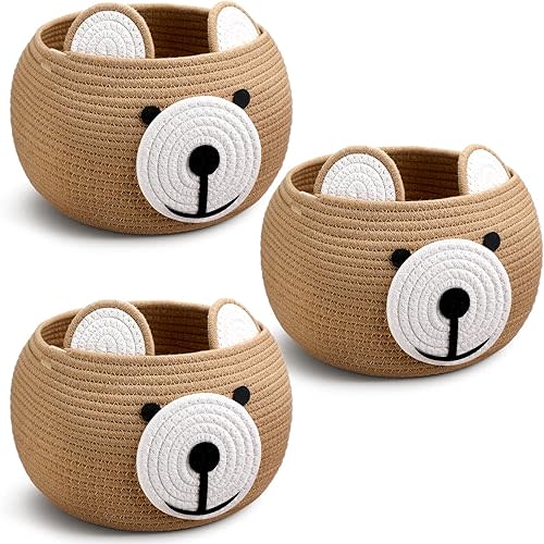 Uiifan 3 Pcs Baby Laundry Basket Bear Cute Round Cotton Rope Basket for Newborn Items Storage, Clothes, Toy, Blankets, Towels, Nursery, 9.45 x 9.45 Inches, Brown
