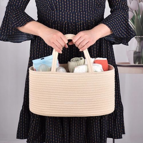 COMSE Large Diaper Caddy Organizer for Girl Boy, Baby Caddy, Car Diaper Caddy with Handles, Cotton Rope Diaper Basket, Baby Shower Gifts Newborn Essentials Registry Must Have, Beige