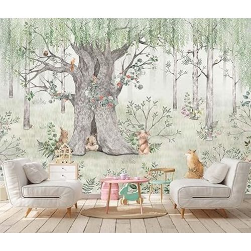 Green Forest Wallpaper Fox Pine Mouse Big Tree Mural for Children's Room Living Room Bedroom (Not Self-Adhesive)