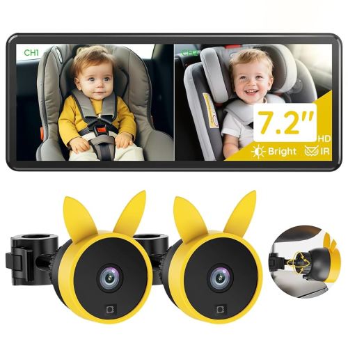 BV3 PRO Baby Car Camera for 2 Kids - 7.2" Large HD Display Dual Channel Baby Monitor, 1080P IR Night Vision Car Seat Camera, Easy Install Rear-Facing View – Ideal for Kids and Pet Safety