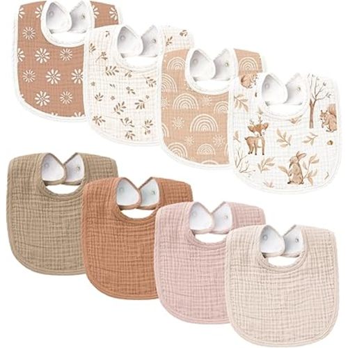 Konssy Muslin Baby Bibs 8 Pack Baby Bandana Drool Bibs Cotton for Unisex Boys Girls, 8 Solid Colors Set for Teething Drooling