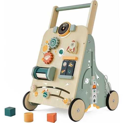 Adjustable Wooden Baby Walker – Montessori Push Toy for 1 Year Old with Rocket-Themed Activity Center, Sit-to-Stand Walker Gift for Boys and Girls