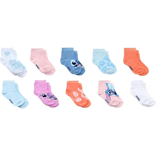 RH/DISNEY Disney Stitch Ankle Socks for Toddler Girls - 10 Pair Pack - Floral Print, Safety Toes Lining, Ribbed Cuffs - 2T-3T, Blue