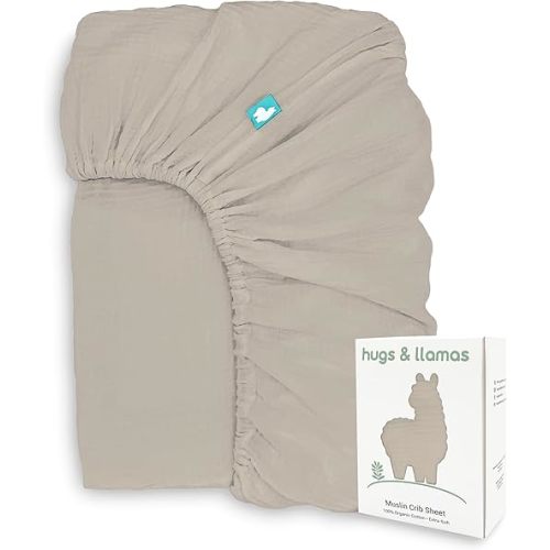 Hugs & Llamas | 100% Organic Cotton Muslin Fitted Sheet | Baby Crib Sheets for Boys & Girls - Neutral (Toasted Almond)