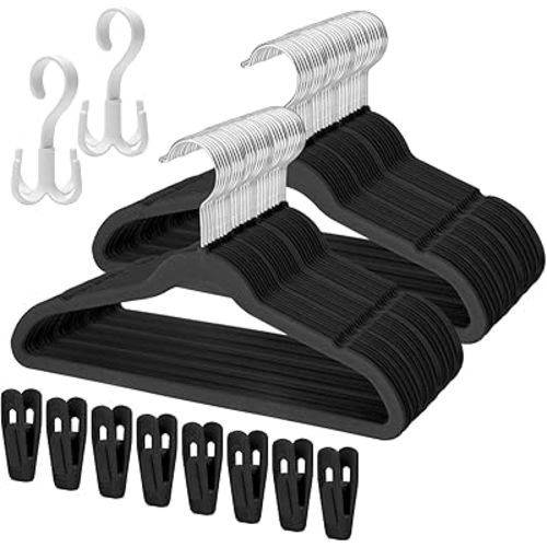 Tinfol Kids Velvet Hangers 60pc, 13.7 Inch Black Non-Slip Toddler Hangers for Closet, Space Saving Childrens Clothes Hangers with 8pc Velvet Clips, Ultra Thin Durable Pant Hanger for Kids Clothes