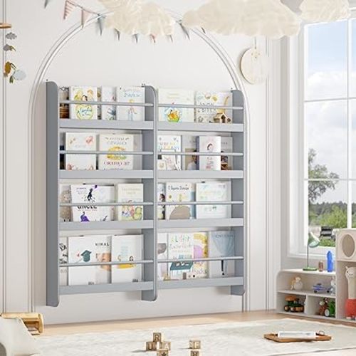 FOTOSOK 2 Pcs Kids Bookshelf, Set of 2 Wall Mount 4-Tier Book Shelf Organizer for Toys and Books, Toy Storage Bookshelf for Kids in Bedroom Living Room, Grey