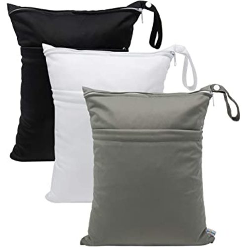 Babygoal Wet Dry Bags for Baby Cloth Diaper Bag Organizer, Washable Travel Bags Diaper, Beach, Pool, Gym Wet Bag Diaper for Swimsuits & Wet Bags Clothes with Two Zippered Pockets 3 Pack L-BWG-CA